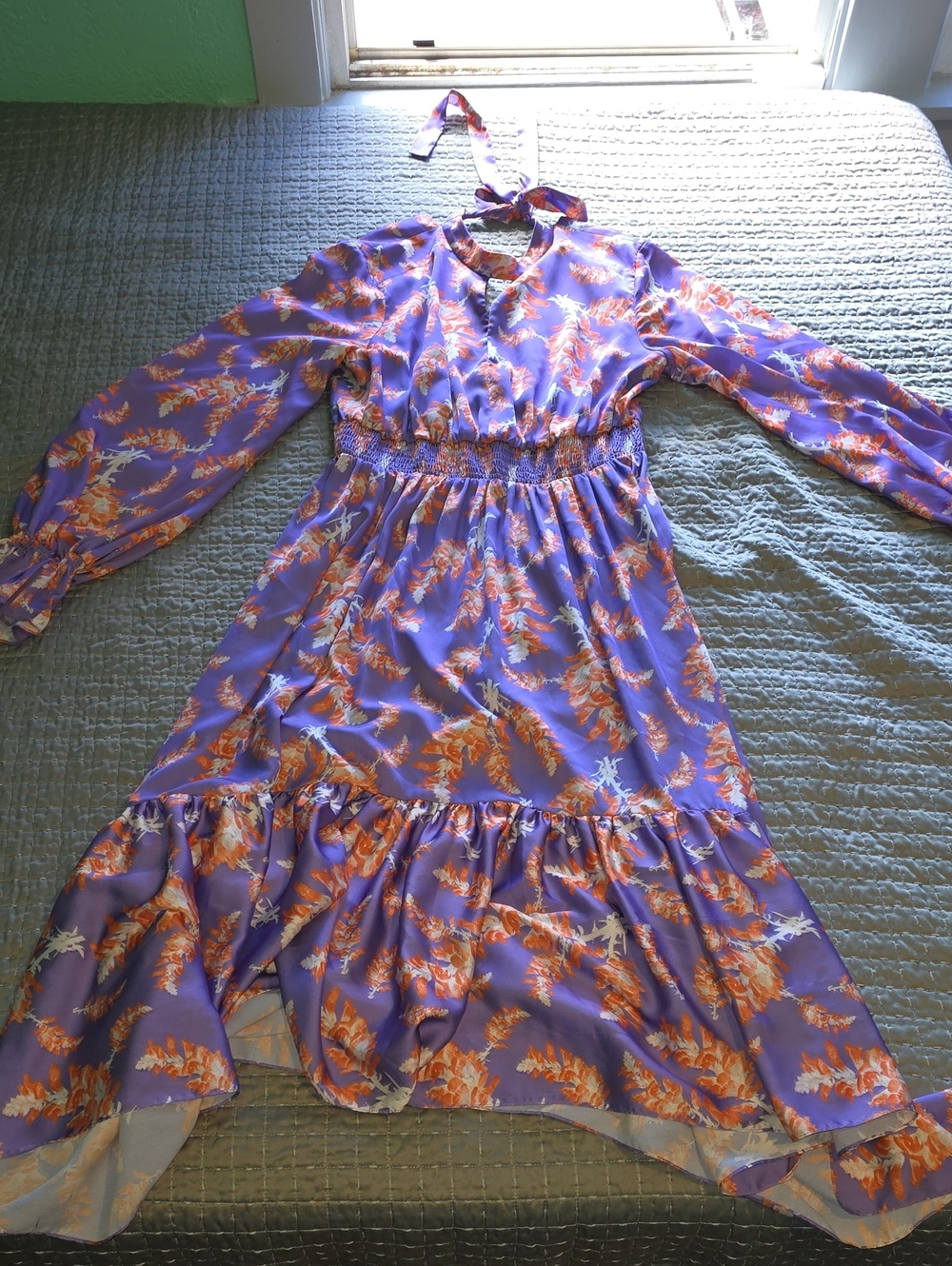 Purple Floral Long-Sleeve Tiered Dress
